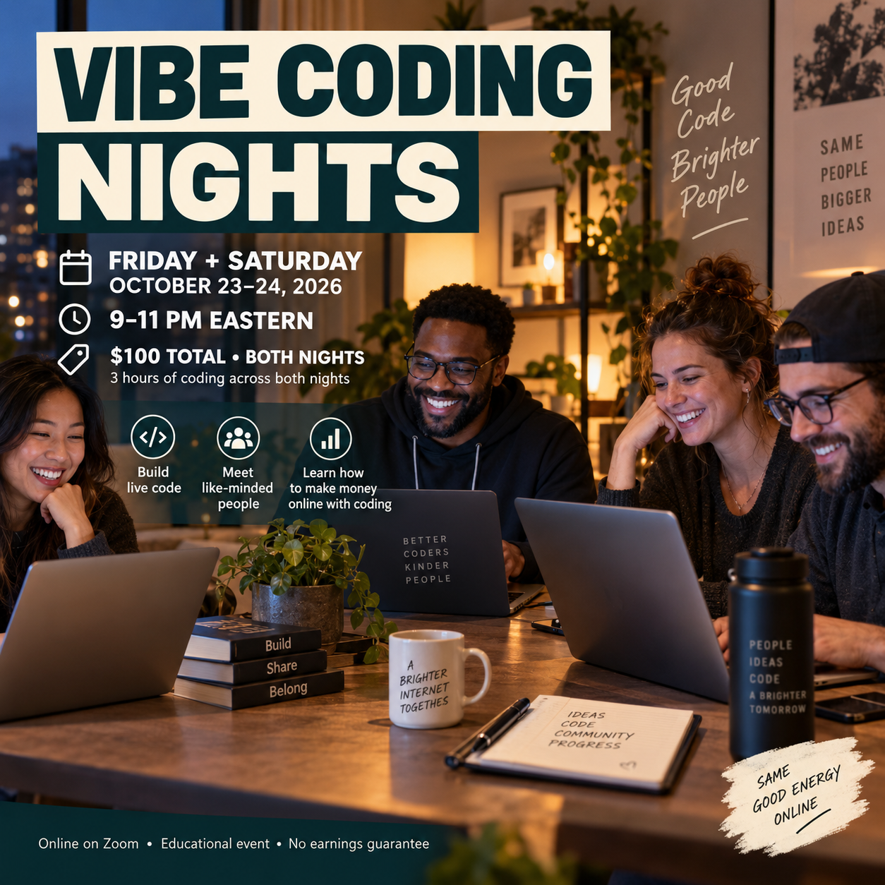 Explore making money online with coding. October 23–24, 2026. $100 both nights.